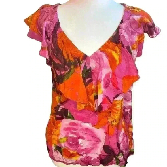 Trina Turk Womens Floral Ruffled Top Scoop V-Neck Pullover Multicolor Size Small - Picture 3 of 5